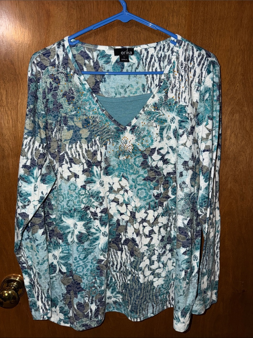 Erika Teal Multi-Pattern V-Neck Long Sleeve Top